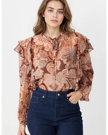 Bluza cu model paisley si volane, Maro deschis