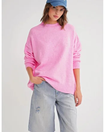 Pulover dama  supradimensionat, roz pudrat, tricot,