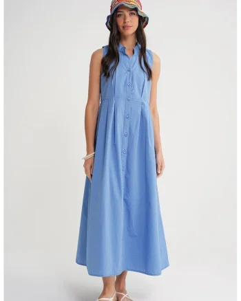 Rochie maxi HiCCUP, guler cu nasturi, albastru, textil