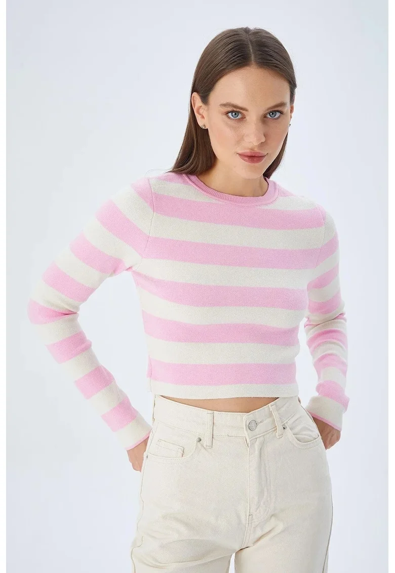 Pulover dama  tricotat cu dungi, roz pudrat, material tricot,