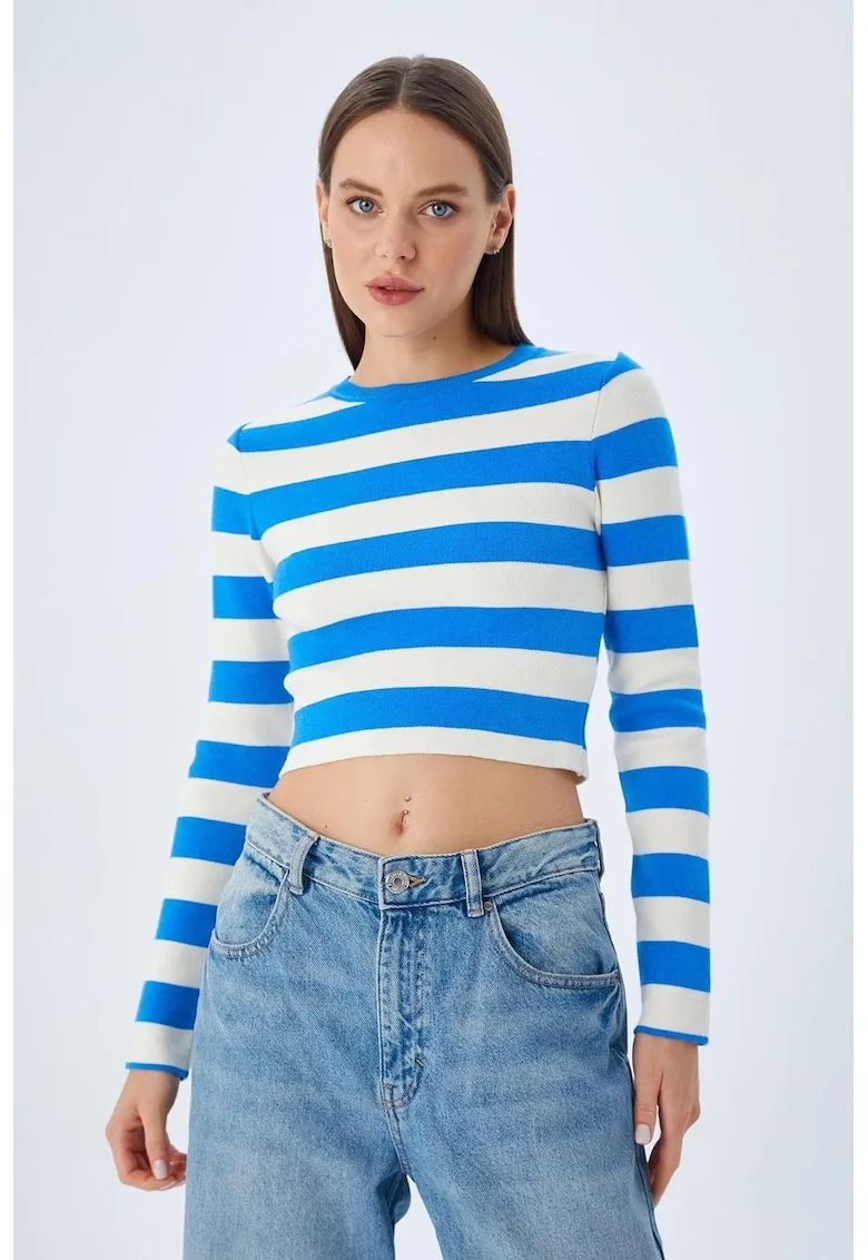 Pulover tricotat  cu dungi, albastru inchis, tricot,