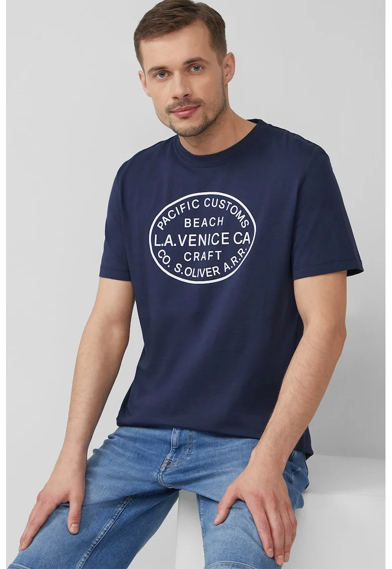 Tricou cu decolteu la baza gatului si imprimeu text, Albastru ultramarin/Alb murdar
