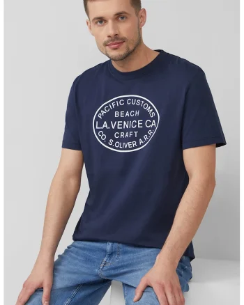 Tricou cu decolteu la baza gatului si imprimeu text, Albastru ultramarin/Alb murdar