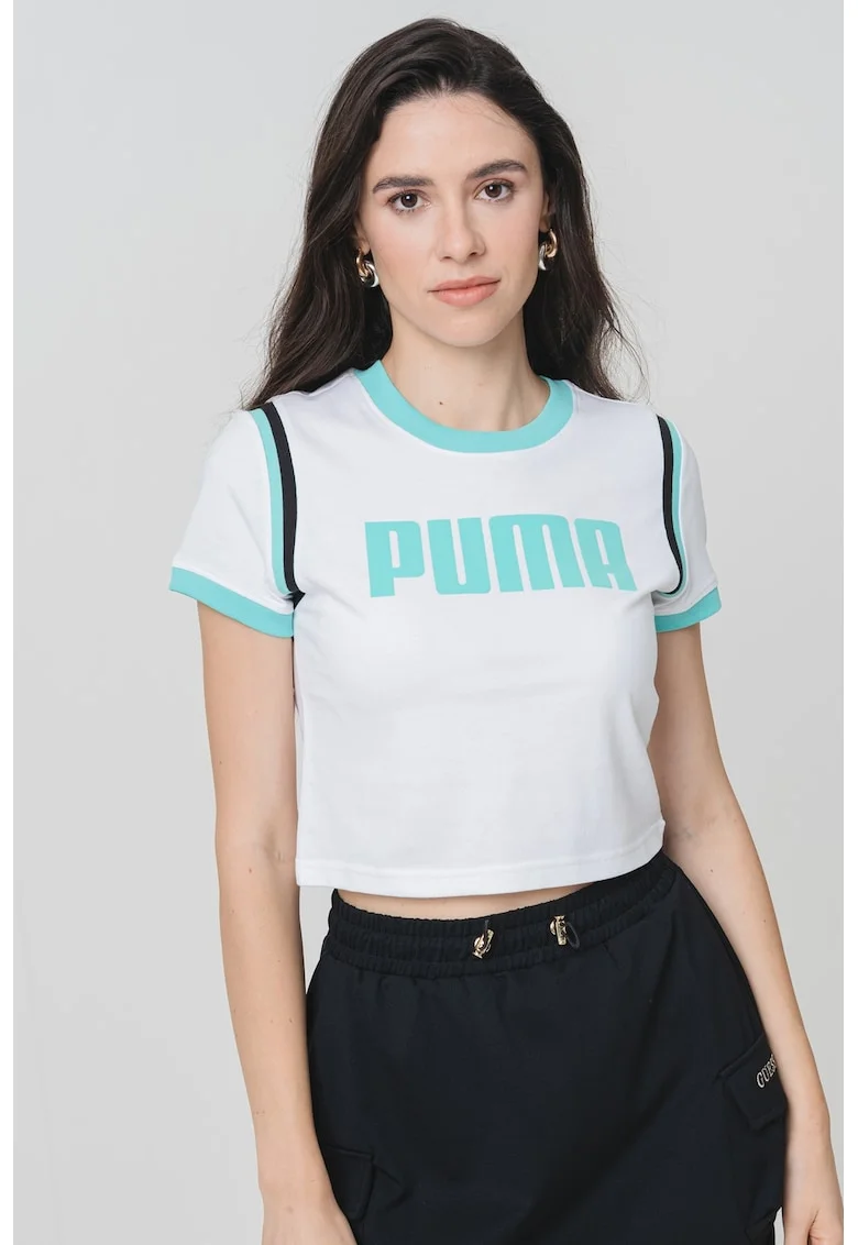 Tricou crop cu imprimeu logo, Alb/Negru/Albastru aquamarin