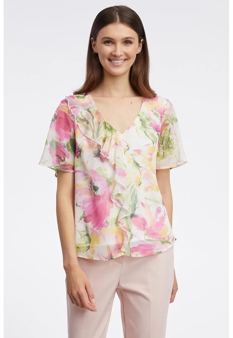 Bluza cu decolteu in V si garnitura cu volane, Alb/Roz