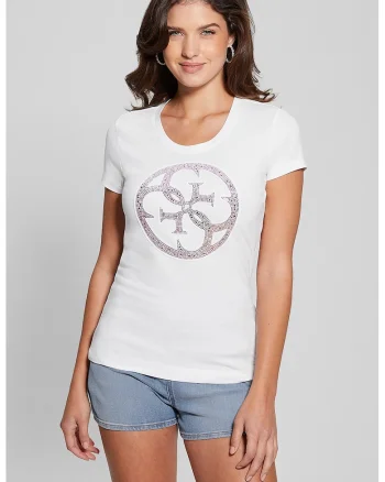 Tricou slim fit cu logo din strasuri, Alb