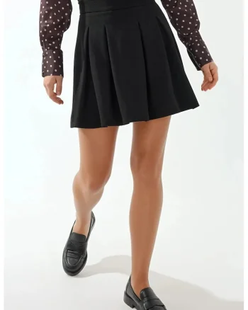Fusta,  Fusta Mini Plisata cu Fermoar, Negru, Textil