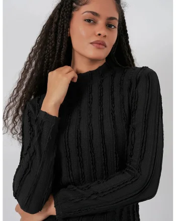Bluza dama, HiCCUP, Texturata Slim Fit, Guler Inalt, Negru, Jerseu, Negru