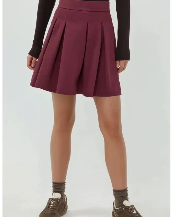 Fusta mini plisata cu fermoar,  rosu ciresiu, textil