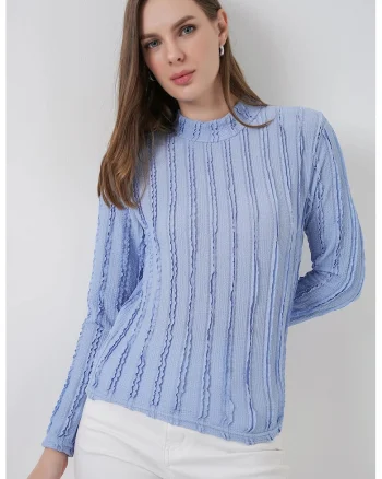 Bluza dama, HiCCUP, Bluza texturata Slim Fit, Albastru Maya, Jerseu