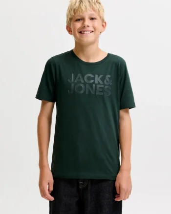 Tricou baieti, din bumbac organic, Regular fit la baza gatului, JJECORP, Verde inchis, Verde inchis