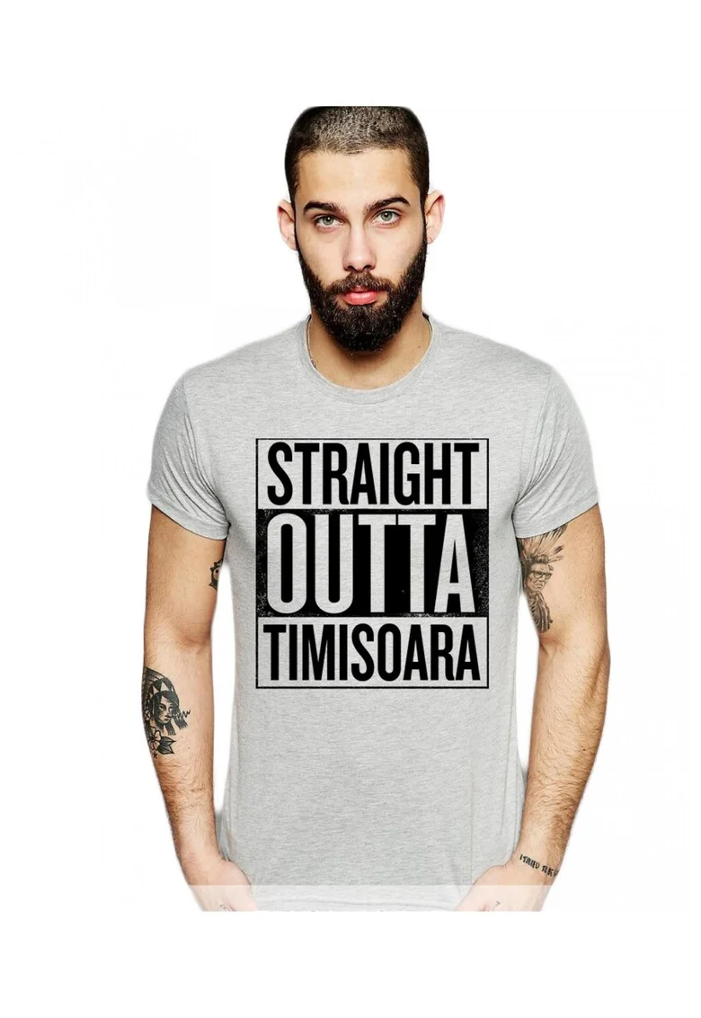 Tricou barbati gri cu text negru - Straight Outta Timisoara, Gri