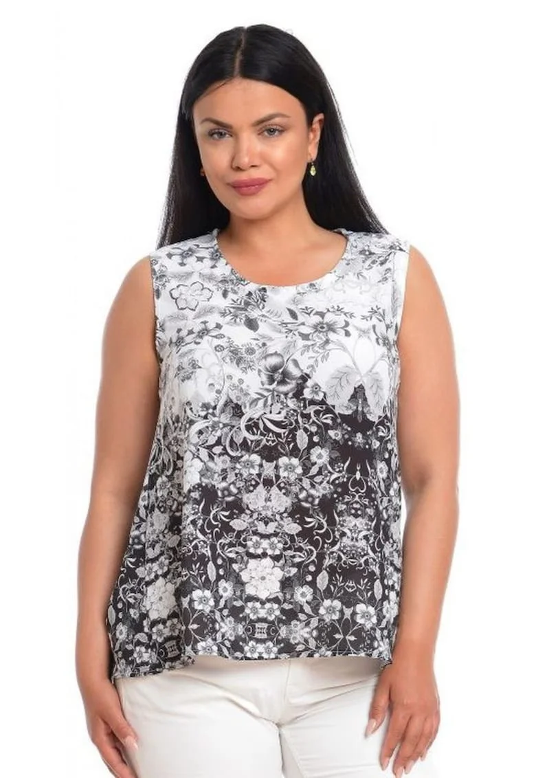 888140593-Bluza Dama fara Maneci Alb Negru cu Imprimeu Floral