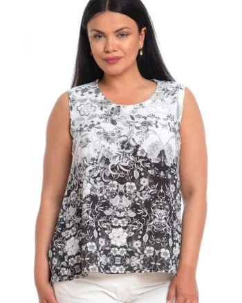 888140593-Bluza Dama fara Maneci Alb Negru cu Imprimeu Floral