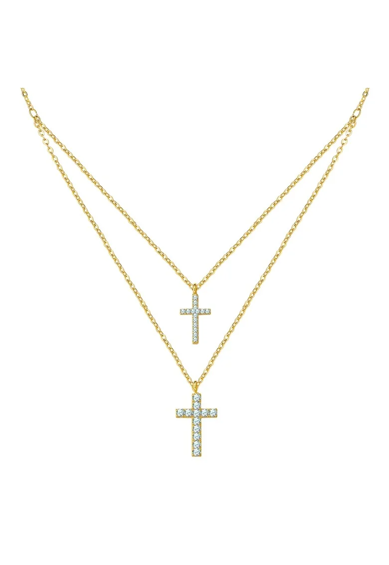 Colier cu mai multe siraguri placat cu aur de 14K si decorat cu pandantive din zirconia in forma de cruce, Auriu