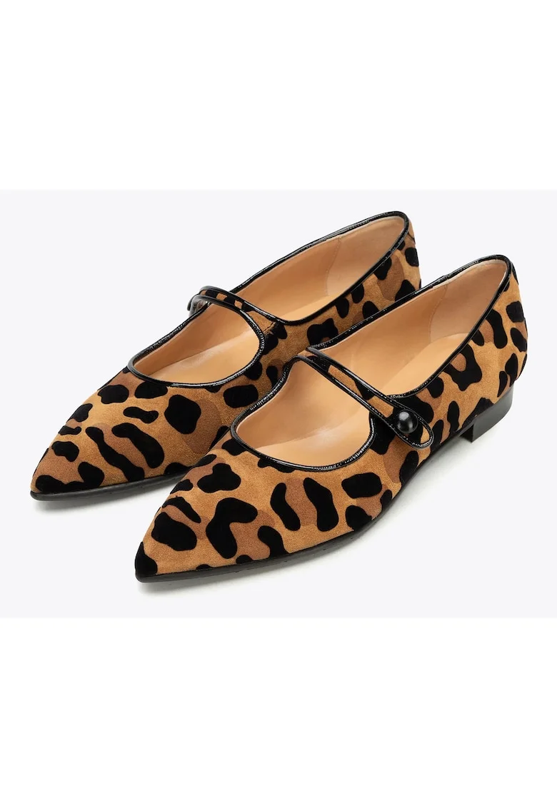 Balerini  piele naturala intoarsa, imprimeu leopard, varf ascutit, curea elastica, maro negru