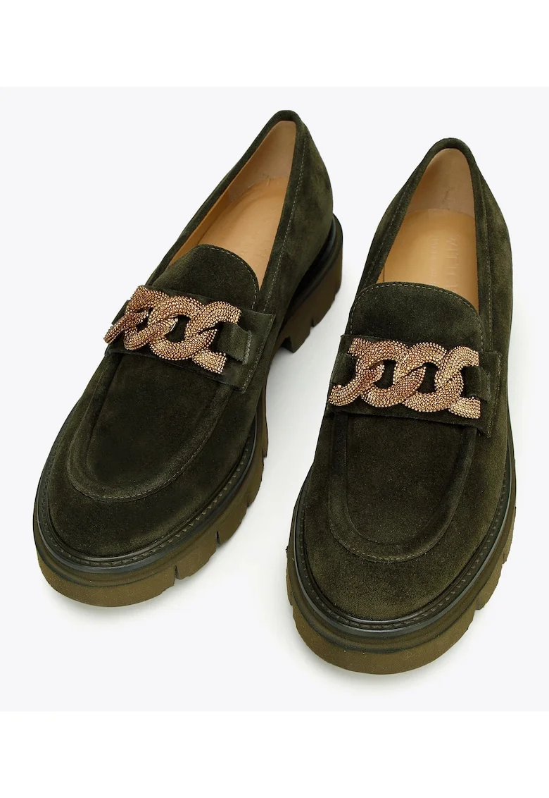 Mocasini pentru dama,  piele intoarsa, platforma groasa, cu lant decorativ, verde inchis