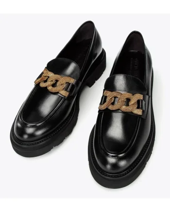 Mocasini pentru dama,  cu lant decorativ, piele naturala, negru, platforma groasa
