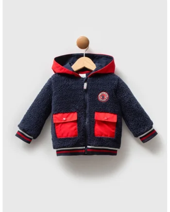 Geaca din material teddy cu buzunare cu clapa, Rosu/Albastru inchis