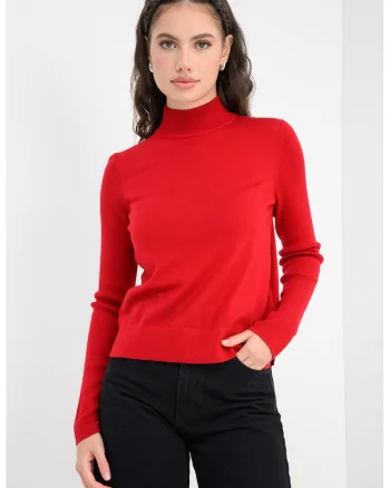 Pulover din lana virgina cu guler inalt si logo, Rosu