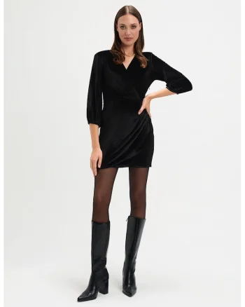 Rochie mini cu fronseuri si decolteu in V, Negru