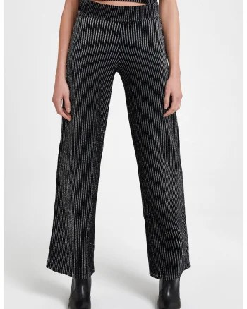Pantaloni relaxed fit cu model in dungi si talie inalta, Negru/Argintiu