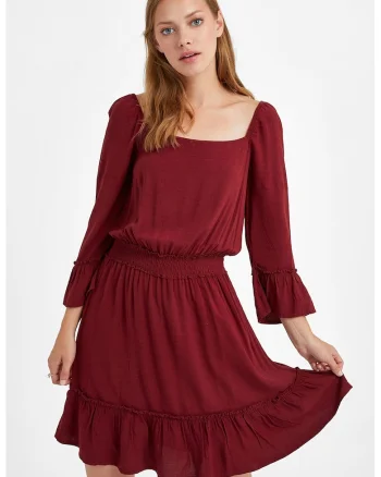 Rochie midi cu croiala in A si maneci trei sferturi, Visiniu