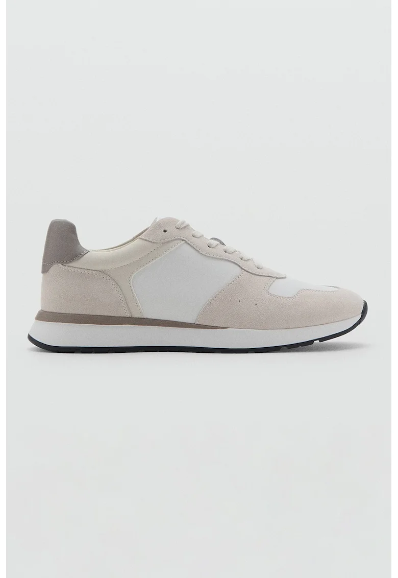 Pantofi sport low-cut cu insertii din piele intoarsa, Alb/Maro taupe deschis/Bej deschis