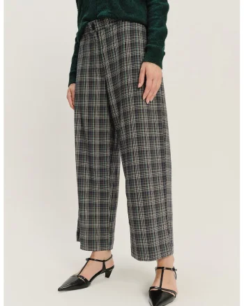 Pantaloni din amestec de modal cu croiala ampla si model in carouri, Verde pal/Albastru indigo/Alb murdar