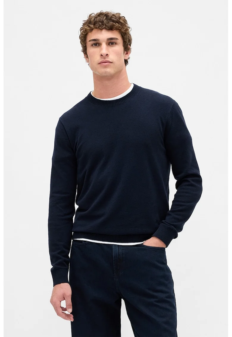 Pulover slim fit cu decolteu la baza gatului CashSoft, Albastru ultramarin
