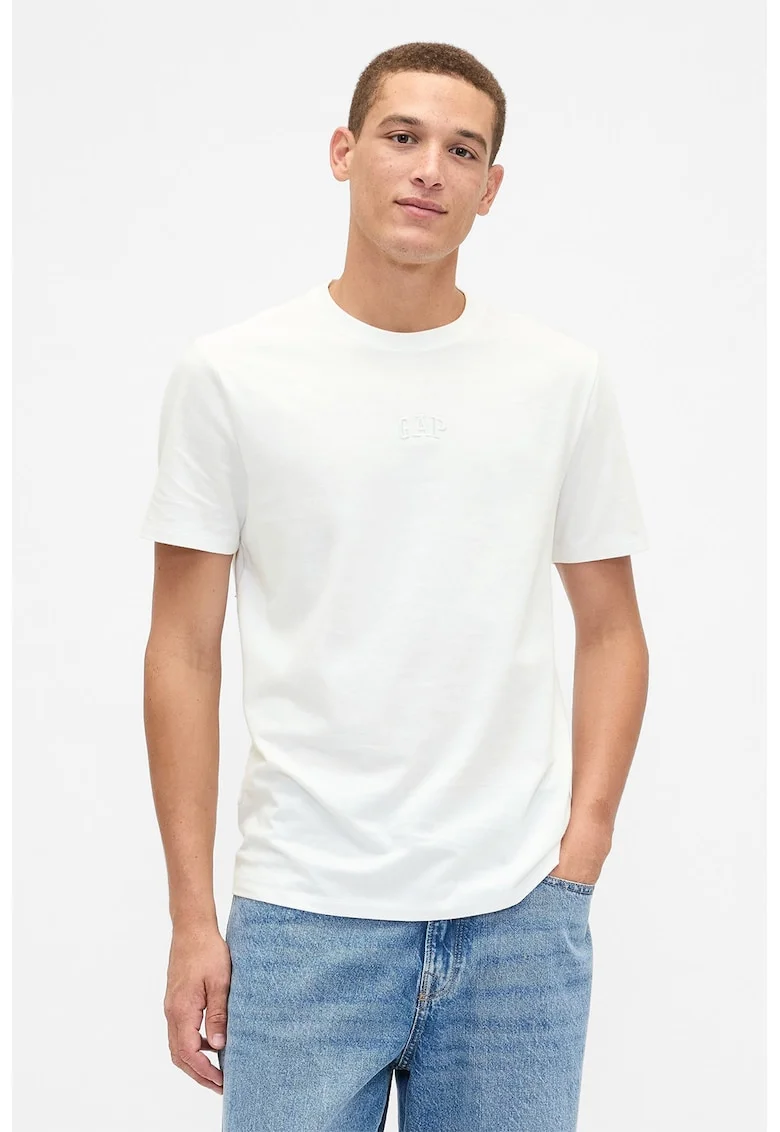 Tricou din bumbac cu decolteu la baza gatului, Alb murdar