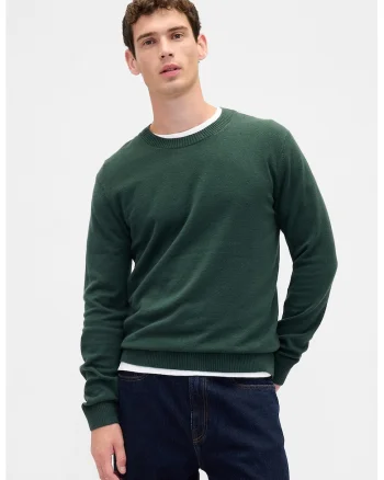 Pulover slim fit cu decolteu la baza gatului CashSoft, Verde inchis