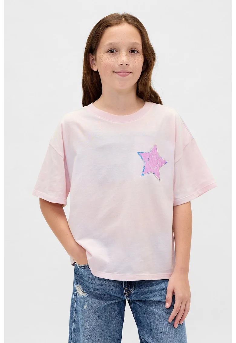 Tricou cu paiete reversibile, Negru/Roz pastel/Albastru deschis