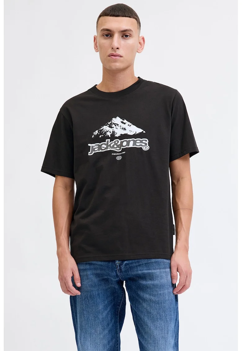 Tricou de bumbac organic cu logo, Maro taupe/Gri antracit
