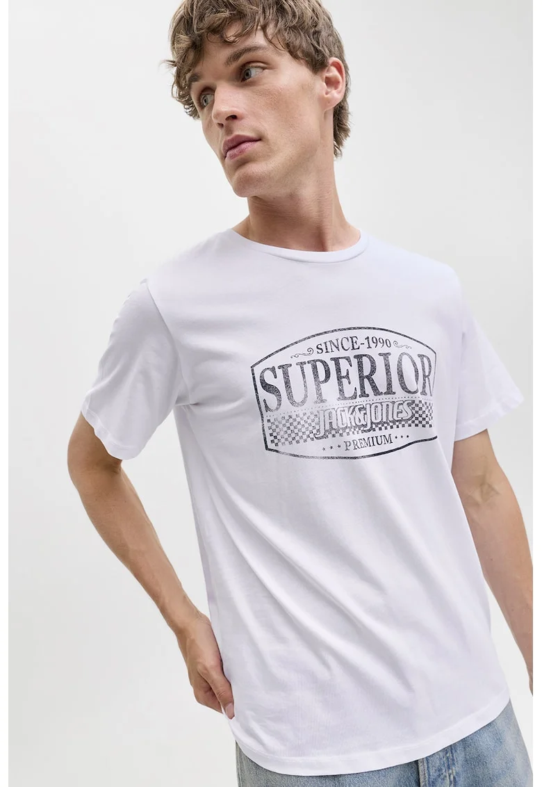 Tricou de bumbac cu imprimeu si decolteu la baza gatului, Alb
