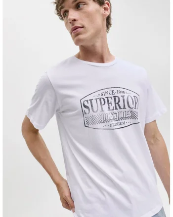 Tricou de bumbac cu imprimeu si decolteu la baza gatului, Alb