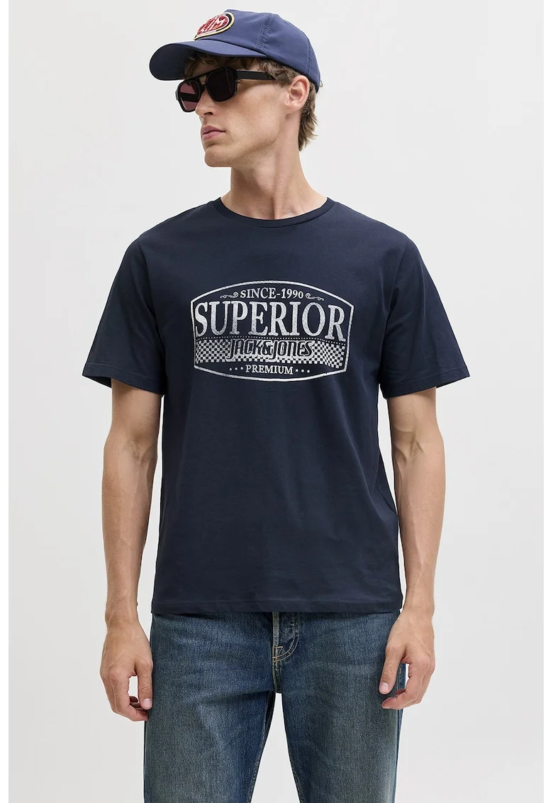 Tricou de bumbac cu imprimeu si decolteu la baza gatului, Bleumarin