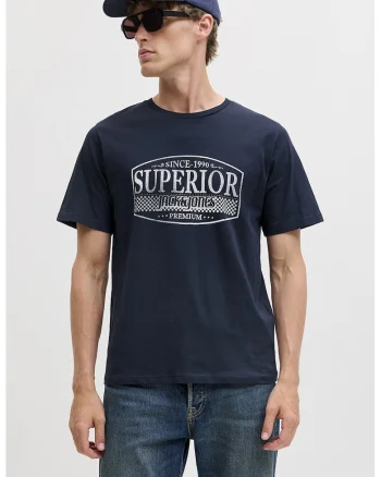 Tricou de bumbac cu imprimeu si decolteu la baza gatului, Bleumarin
