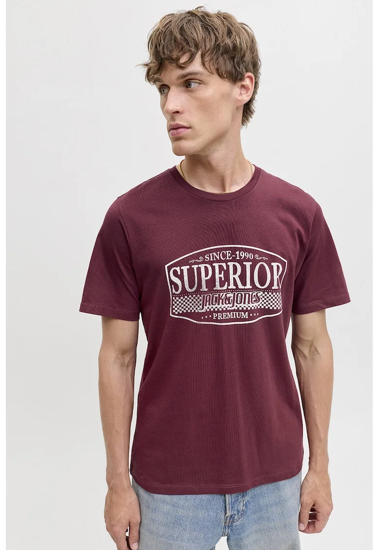 Tricou de bumbac cu imprimeu si decolteu la baza gatului, Visiniu