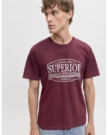 Tricou de bumbac cu imprimeu si decolteu la baza gatului, Visiniu