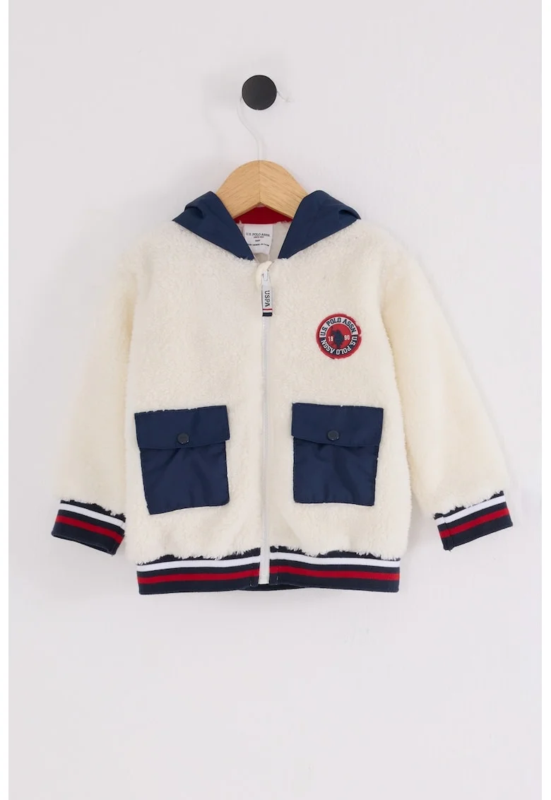 Geaca din material teddy cu buzunare cu clapa, Rosu/Albastru inchis/Bej deschis