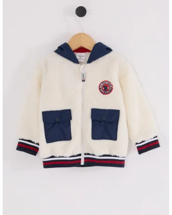 Geaca din material teddy cu buzunare cu clapa, Rosu/Albastru inchis/Bej deschis