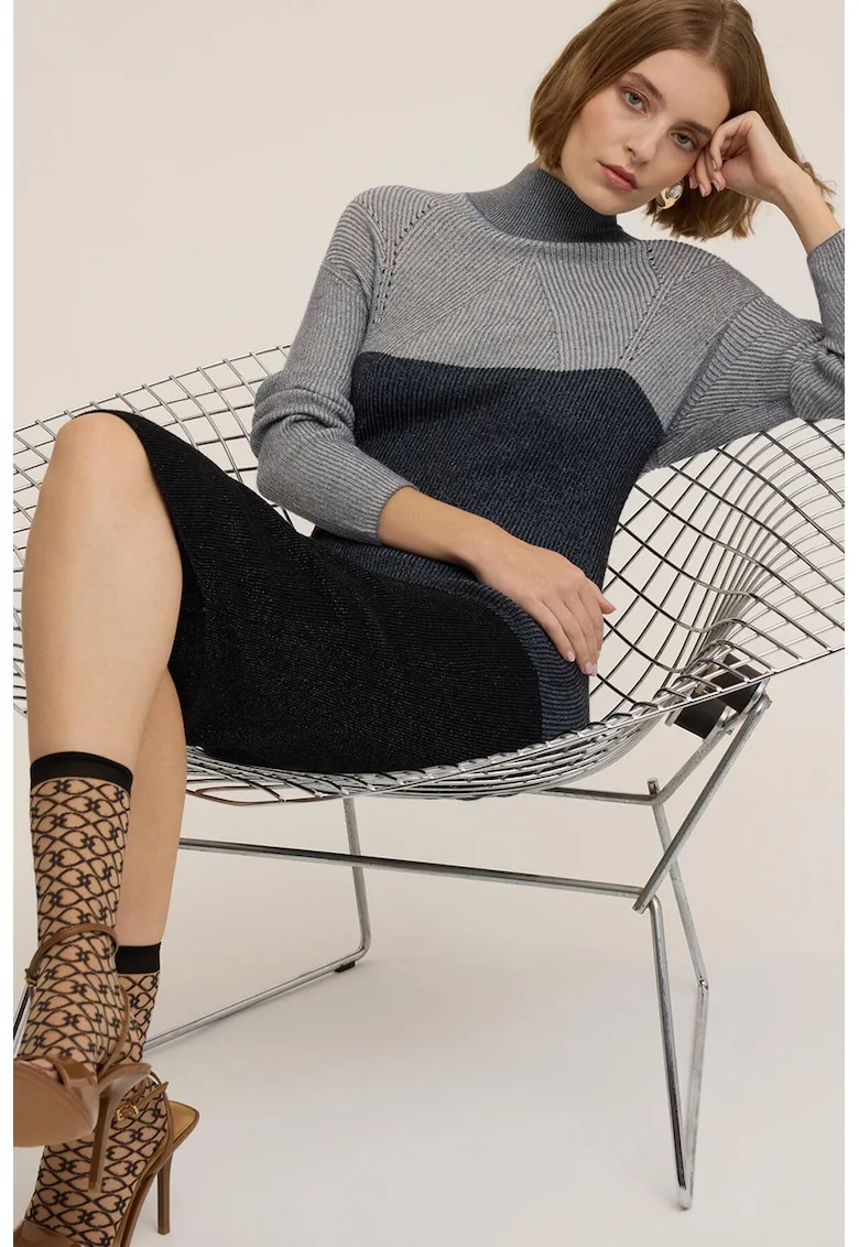 Rochie midi cambrata din amestec de lana, Negru/Gri deschis/Gri inchis