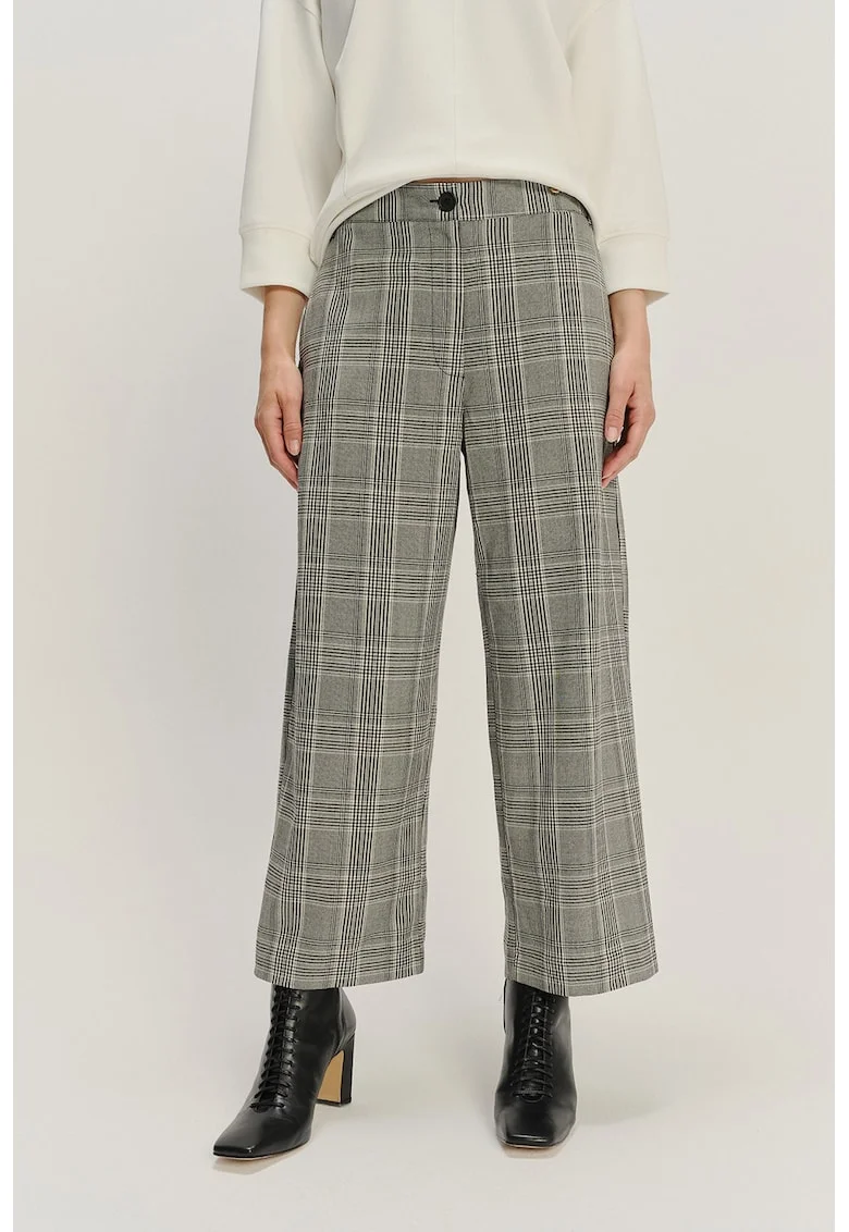 Pantaloni din amestec de modal cu croiala ampla si model in carouri, Negru stins/Verde pal/Crem