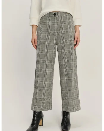 Pantaloni din amestec de modal cu croiala ampla si model in carouri, Negru stins/Verde pal/Crem