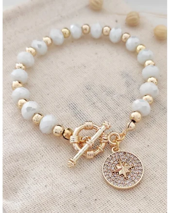 Bratara cu talisman cu cristale zirconia, Auriu, Alb, Alb/Auriu
