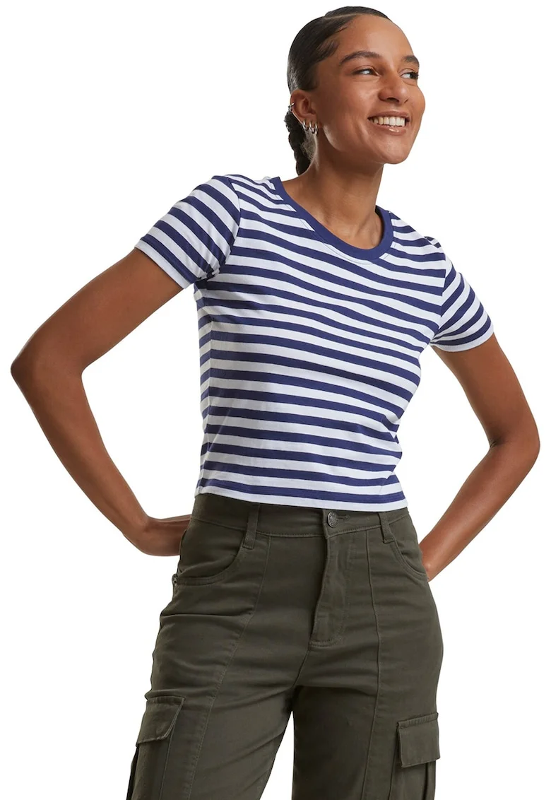Tricou crop cu model in dungi, Alb/Albastru inchis