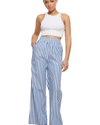 Pantaloni cu talie inalta si model in dungi, Alb/Albastru