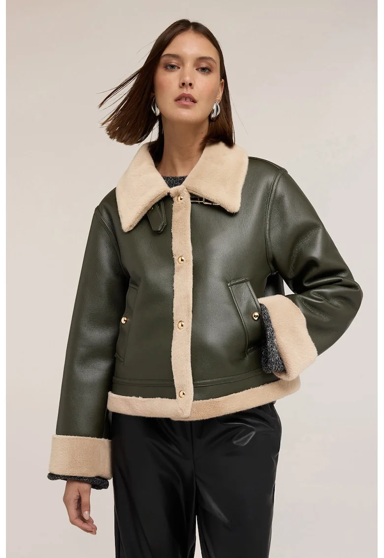 Palton din blana shearling sintetica cu doua buzunare, Kaki inchis/Crem