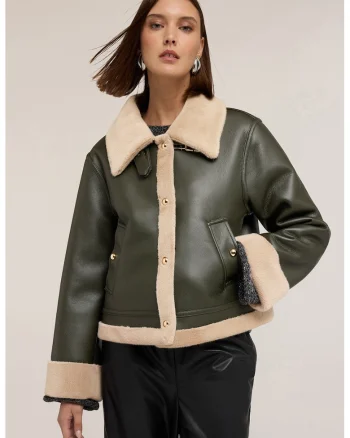 Palton din blana shearling sintetica cu doua buzunare, Kaki inchis/Crem